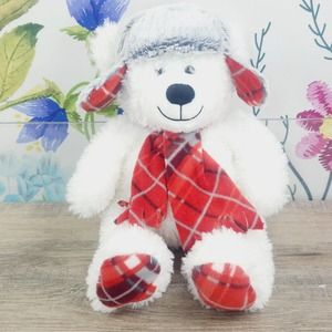 Gentle Treasures Polar Bear White Plush Plaid Scarf Hat St Jude Winter Christmas